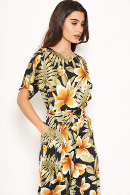 Tropical Print Belted Jumpsuit