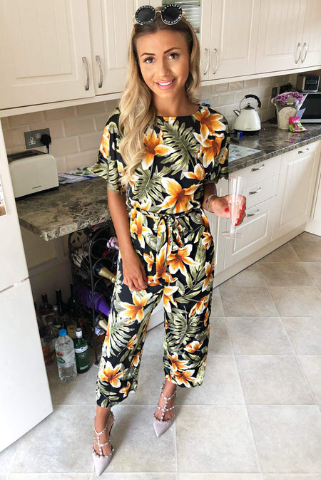 Tropical Print Belted Jumpsuit