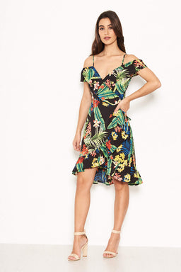 Tropical Strappy Frill Wrap Dress