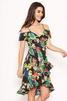 Tropical Strappy Frill Wrap Dress