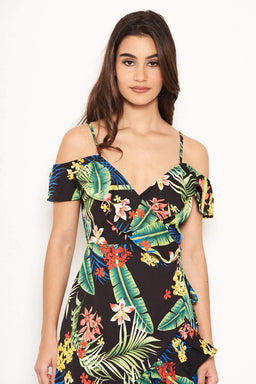 Tropical Strappy Frill Wrap Dress