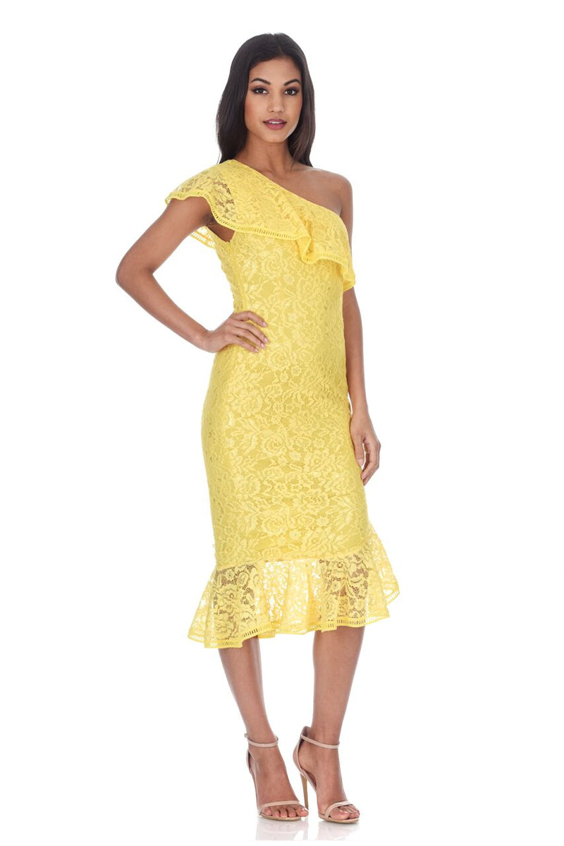 Yellow Lace One Shoulder Frill Detail Midi Dress