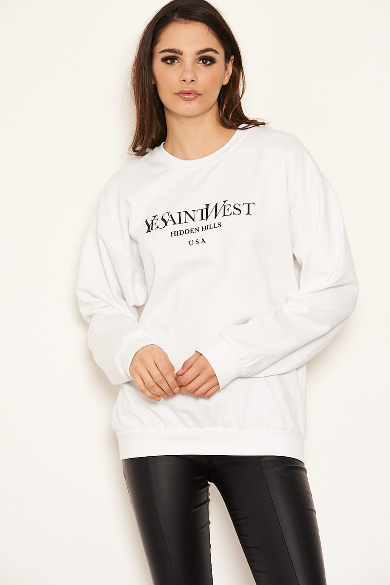 White Slogan Printed Sweatshirt