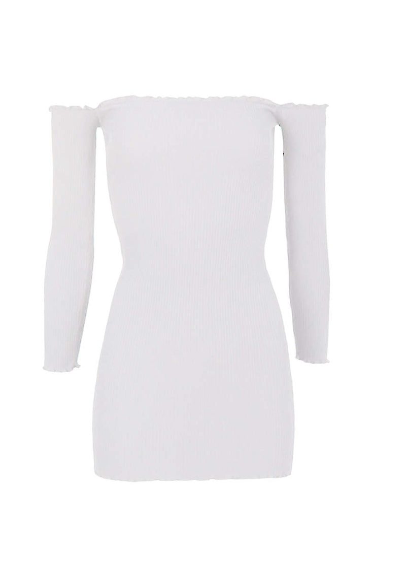 White Bardot Ruffle Detail Knit Dress