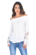 White Bardot Top with Crochet Sleeves