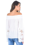 White Bardot Top with Crochet Sleeves