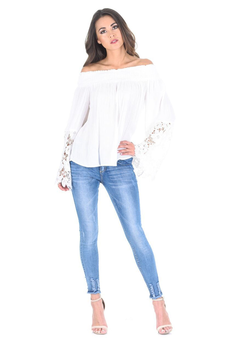 White Bardot Top with Crochet Sleeves