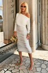 White Boat Neck Dress With Ruched Detail