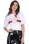 White Glitter Guilty Slogan Top