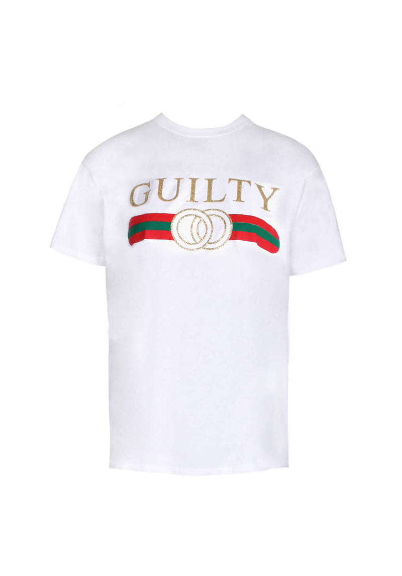 White Glitter Guilty Slogan Top