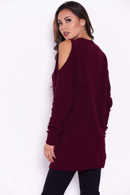 Wine Chenille Jumper With Cold Shoulder