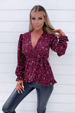 Wine Floral Frill Wrap Top