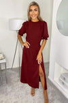 Wine Ruffle Split Leg Midi Dress