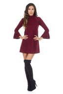 Wine High Neck A-line Dress With Flared Cuffs