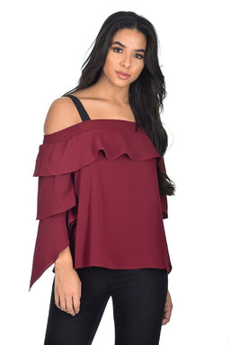 Wine Off The Shoulder Frill Top