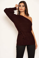 Wine One Shoulder Tie Waist Knit Jumper