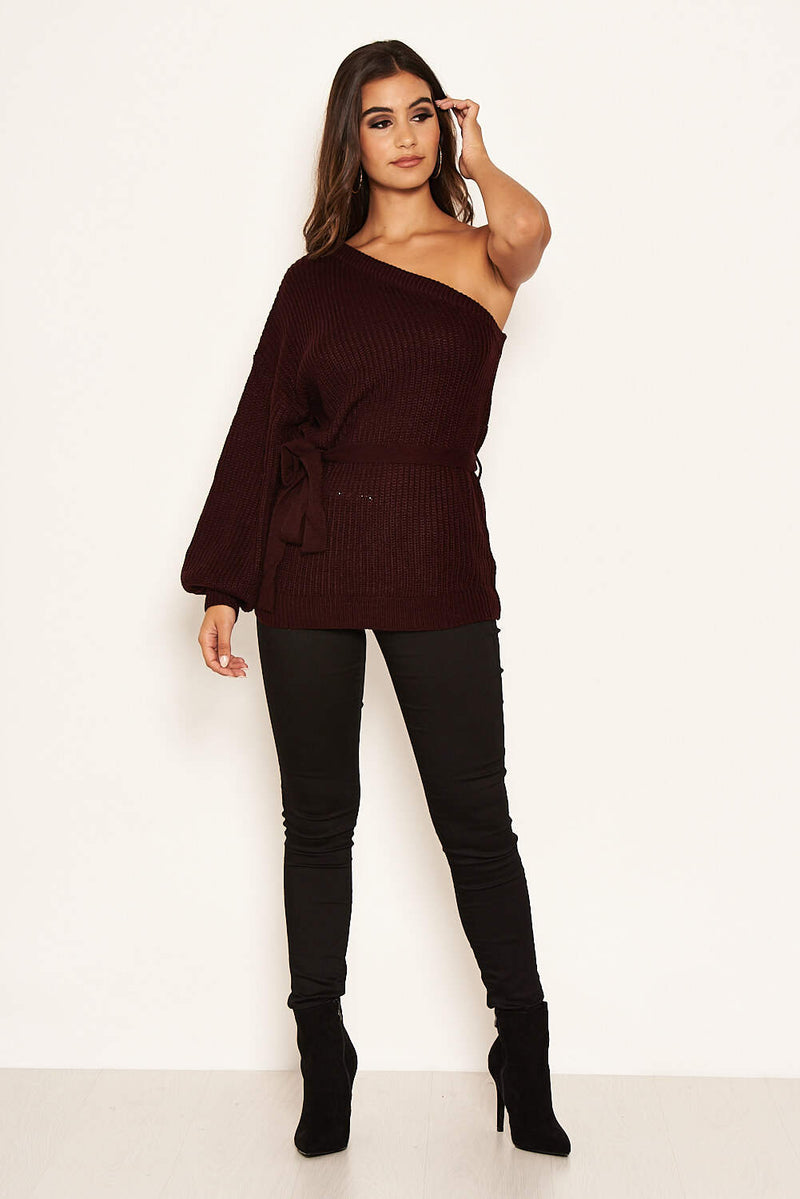 Wine One Shoulder Tie Waist Knit Jumper