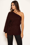 Wine One Shoulder Tie Waist Knit Jumper