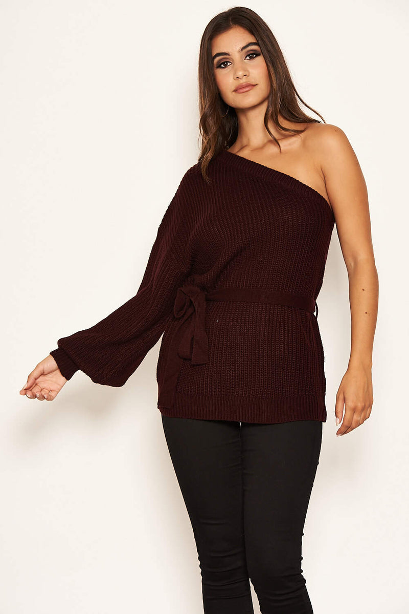 Wine One Shoulder Tie Waist Knit Jumper