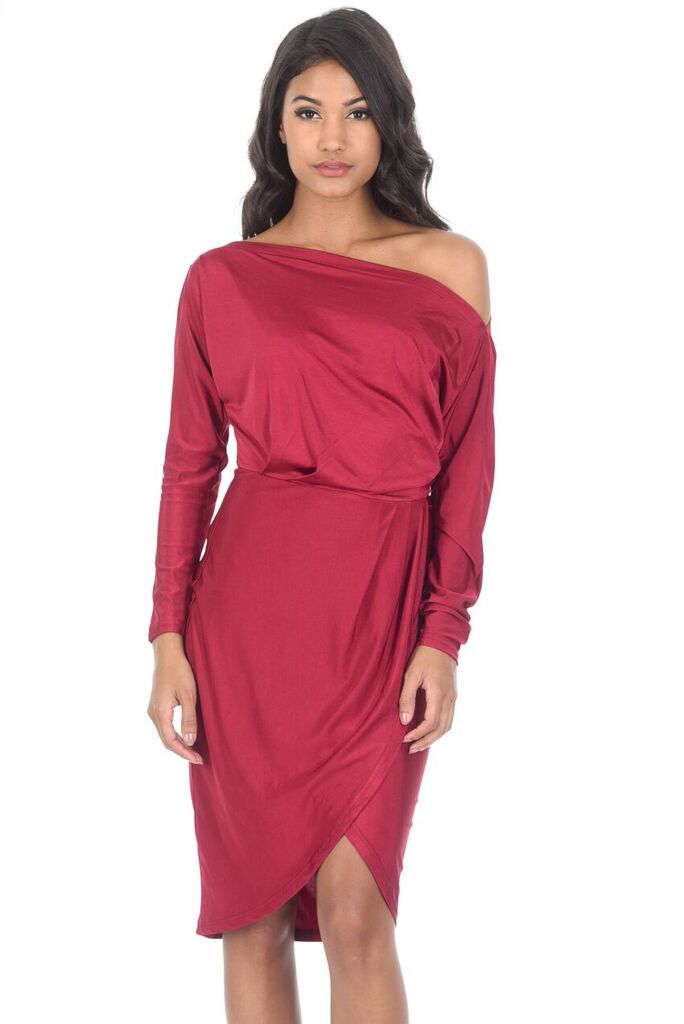 Wine Relaxed Shoulder Wrap Midi Dress