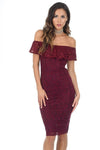 Wine Ruffled Off The Shoulder Lace Midi Dress