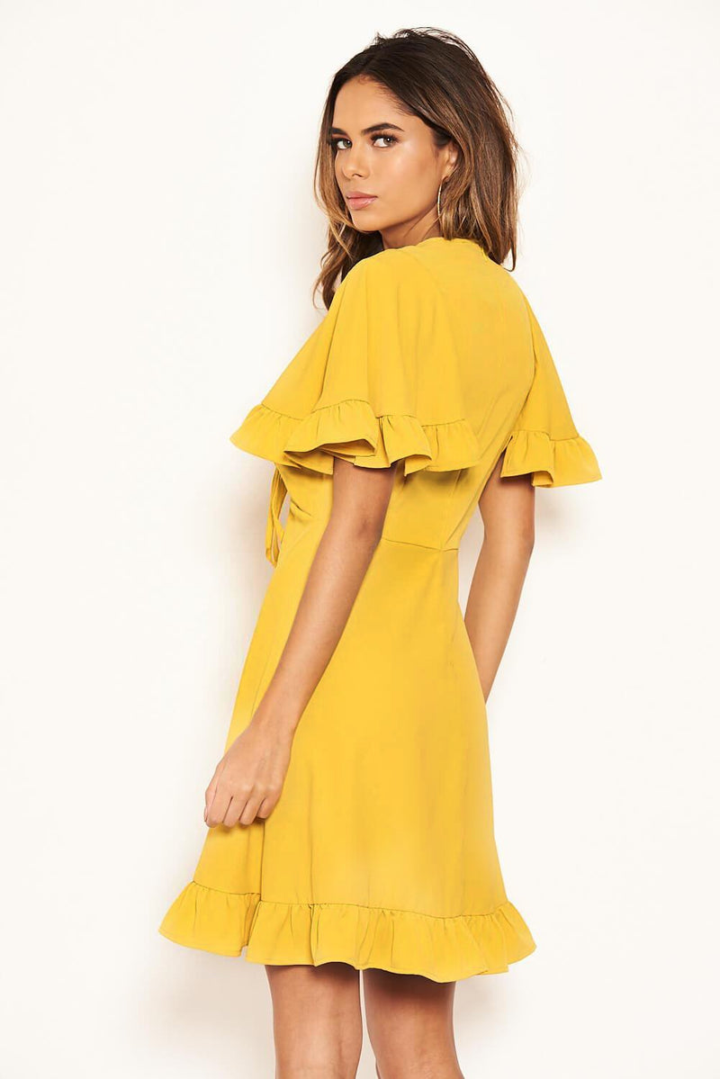 Yellow Ruched Front Frill Swing Dress
