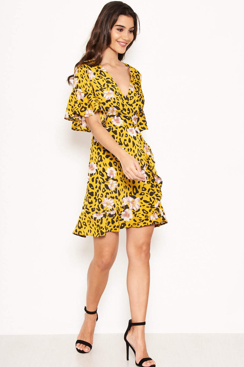 Yellow Animal Print Dress With Floral Detail