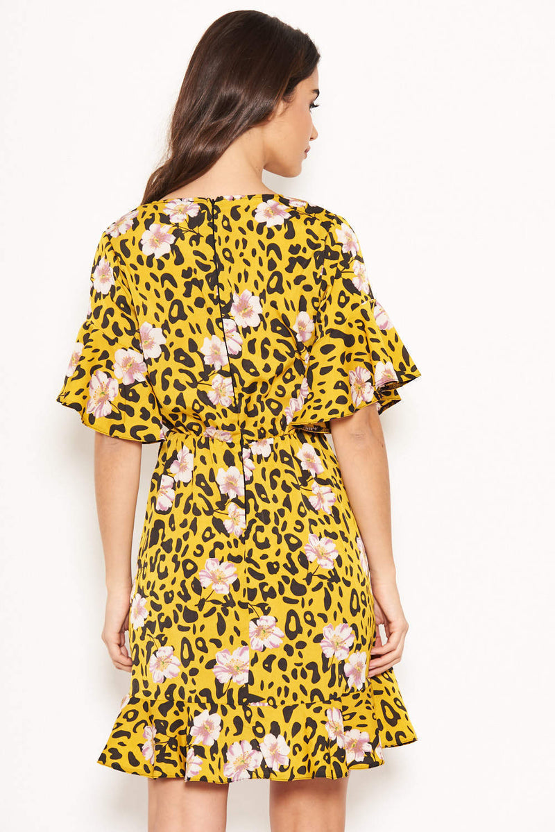 Yellow Animal Print Dress With Floral Detail