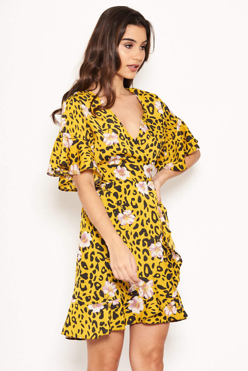 Yellow Animal Print Dress With Floral Detail