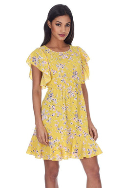 Yellow Floral Frill Detail Mini Dress