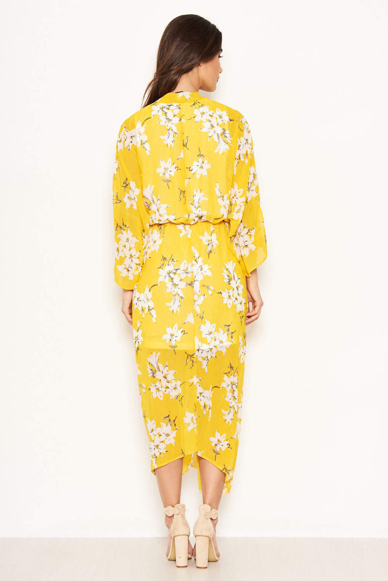 Yellow Floral Kimono Sleeve Maxi Dress