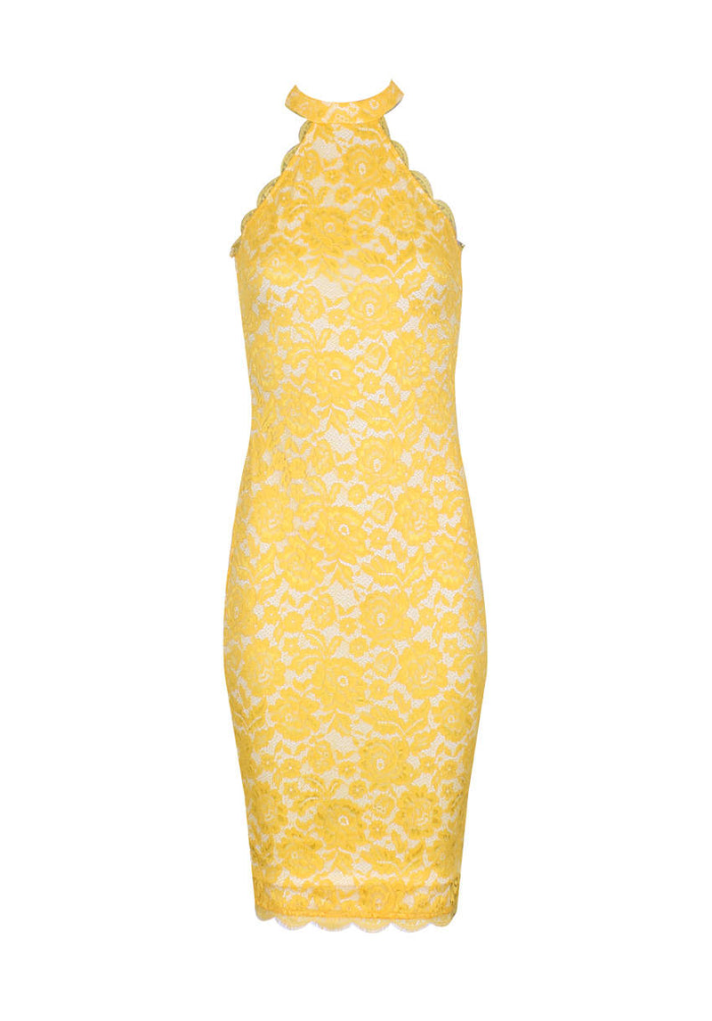 Yellow High Neck Lace Midi Dress