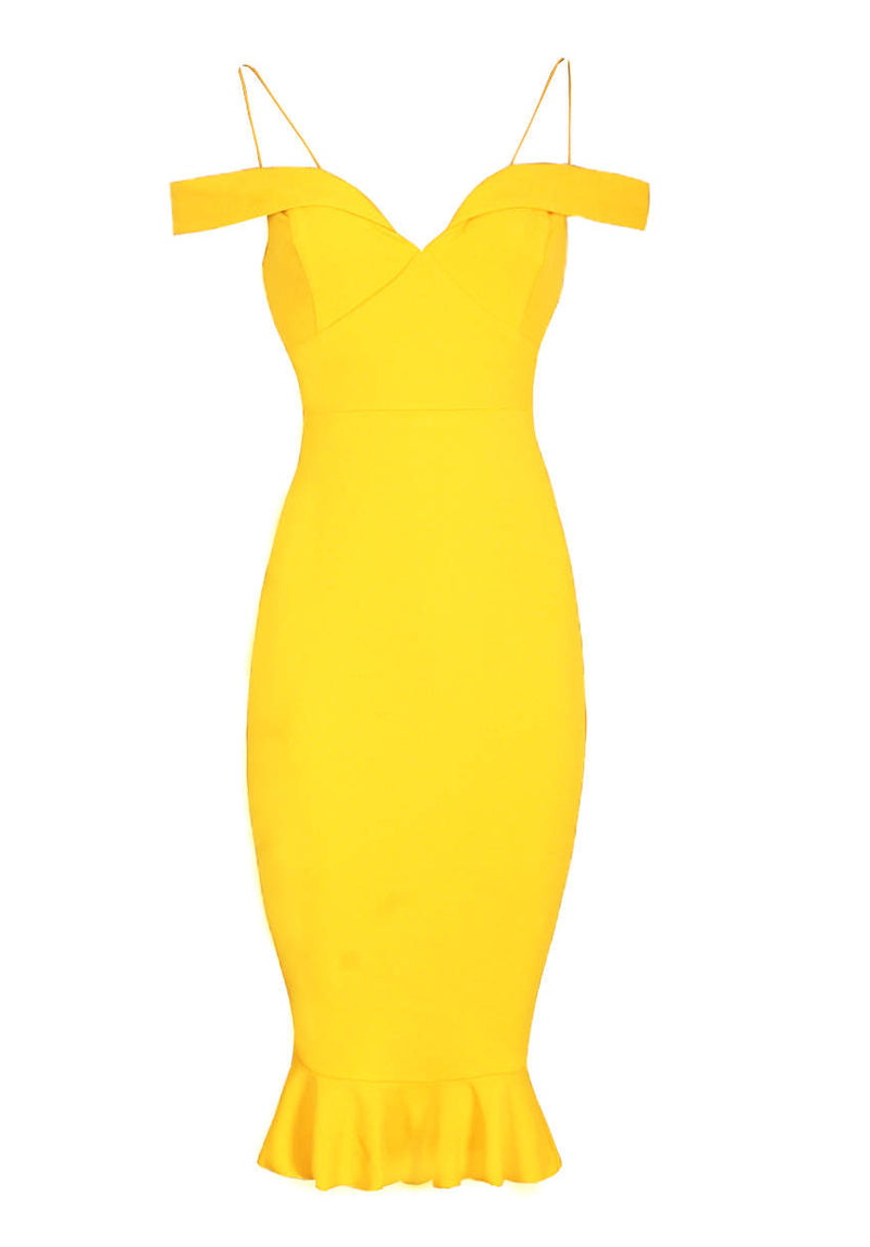 Yellow Off The Shoulder Strappy Fishtail Dress