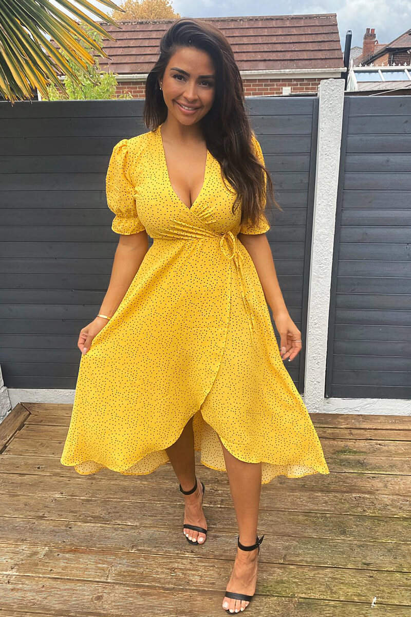 yellow polka dot dress Yellow Polka Dot Wrap Midi Dress – AX Paris US