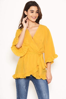 Yellow Wrap Frill Top