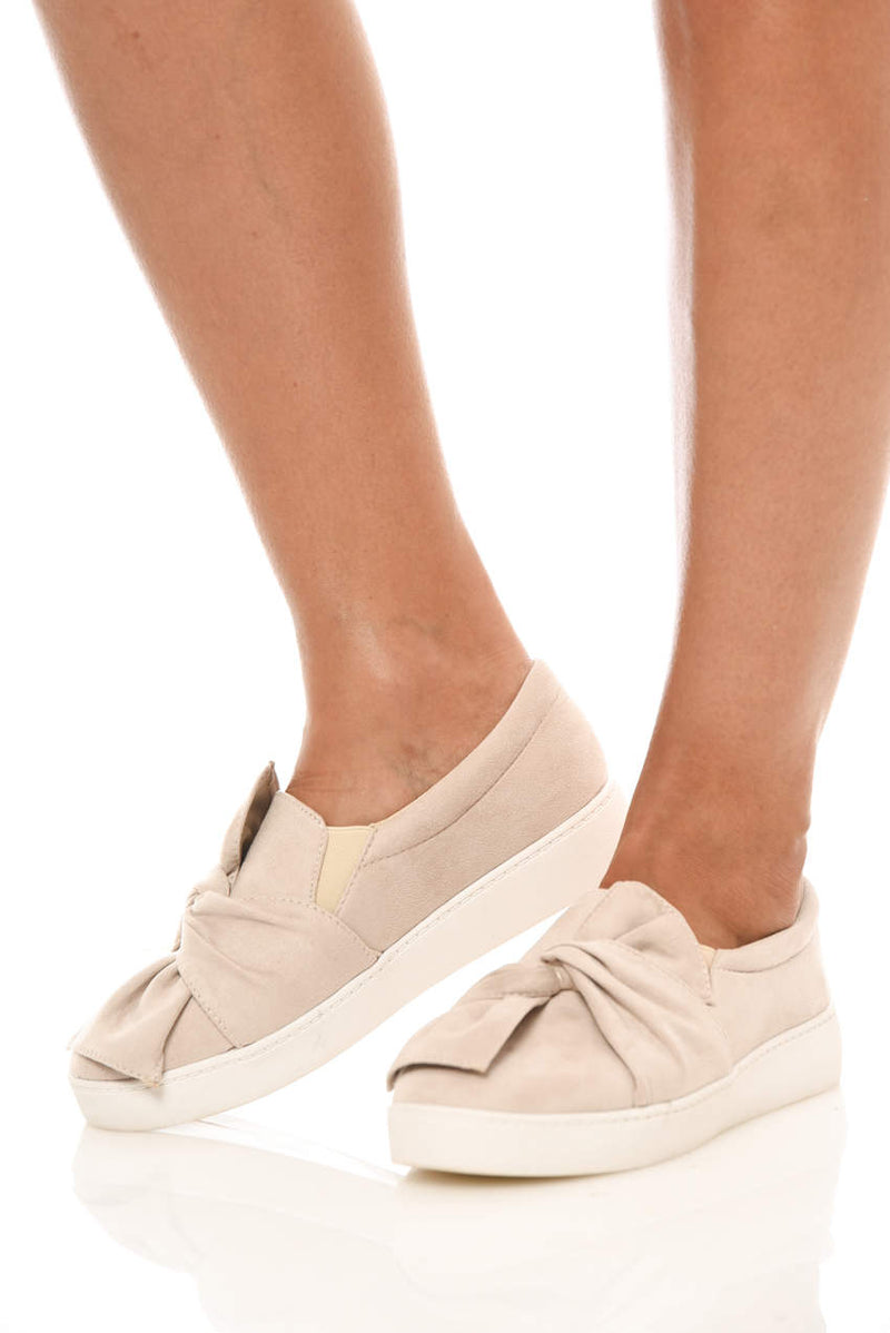 Beige Twisted Knot Suede Flats