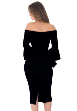 Black Notch Front Frill Sleeve Midi Dress