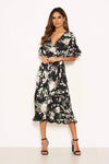 Black Floral Frill Wrap Midi Dress