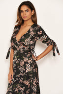 Black Floral Wrap Dress With Ties