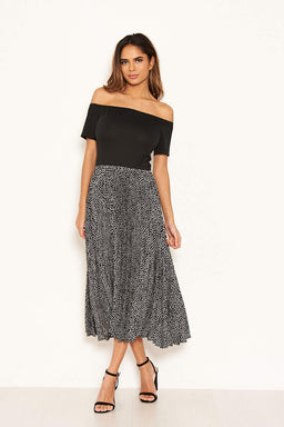 Black 2 in 1 Polka Dot Pleated Midi Dress