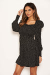 Black Spotty Square Neck Elasticated Swing Dress