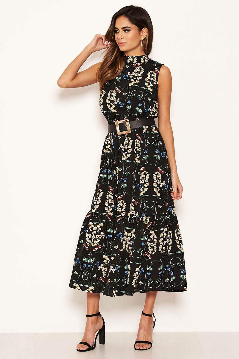 Black Paisley Frill Maxi Dress