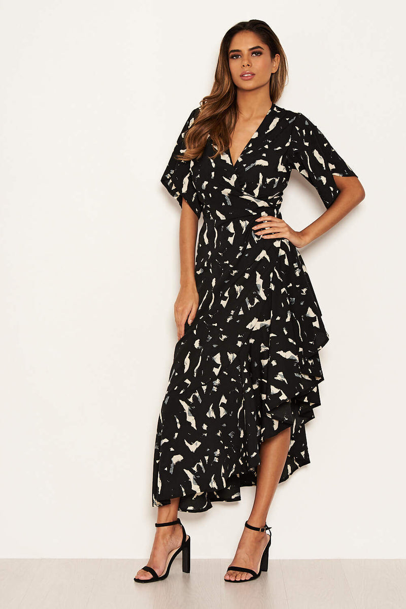 Black Printed Wrap Side Frill Dress