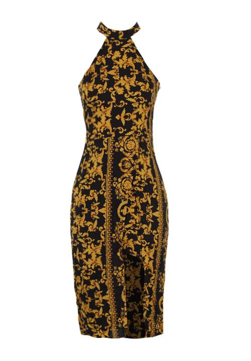 Black And Gold Patterned Midi dress – AX Paris US