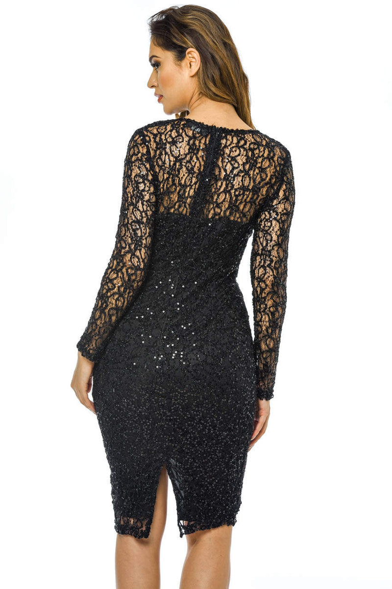 Black Sequin Midi Dress with Wrap Front