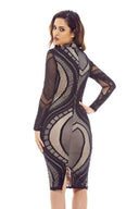 Black/Nude Mesh Bodycon Dress with Contrast Cut-Out-Neck Style