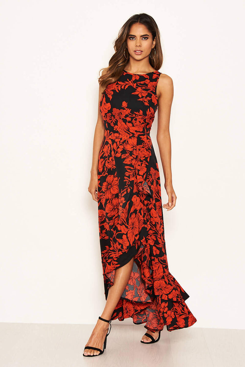 Red Floral Frill Hem Maxi Dress