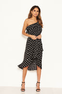 Black Polka Dot One Shoulder Frill Dress