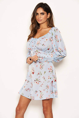 Blue Floral Print Tie Neckline Long Sleeve Dress