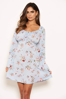 Blue Floral Print Tie Neckline Long Sleeve Dress